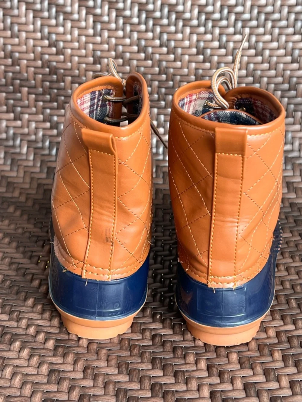 Quilted Winter Rubber Duck Boots Navy Tan Waterproof Flannel Lined Insulated 10